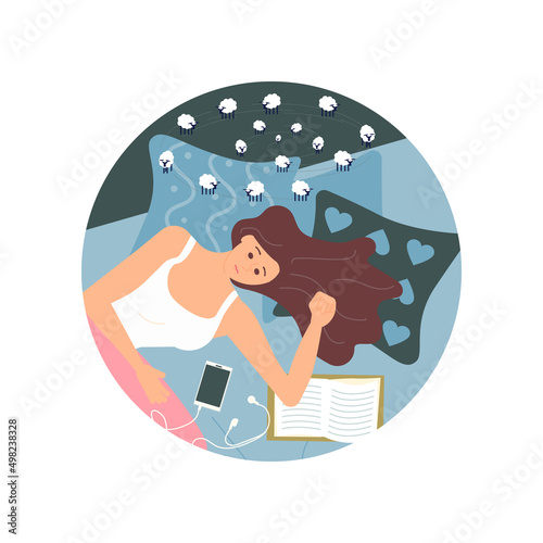 Round template with Young woman character is lying on back in bed with insomnia