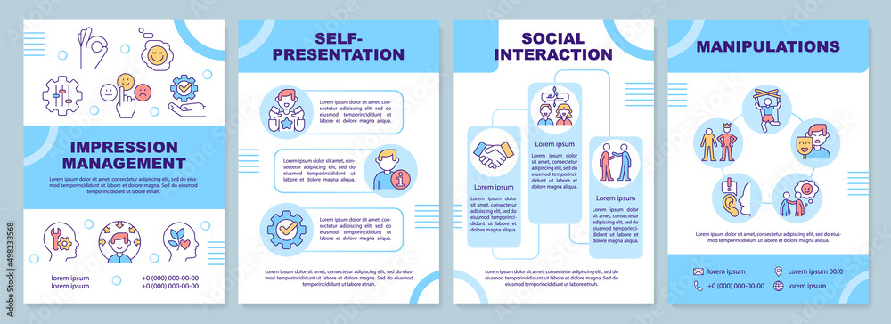 Impression management techniques blue brochure template. Leaflet design with linear icons. 4 vector layouts for presentation, annual reports. Arial-Black, Myriad Pro-Regular fonts used