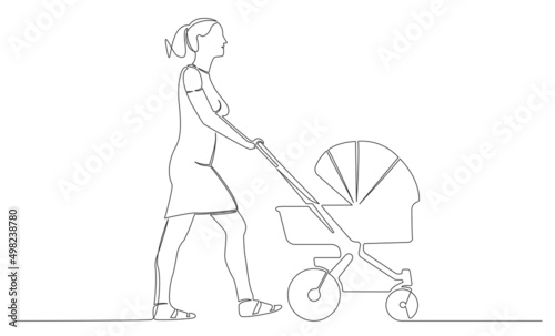 single line drawing of woman pushing baby stroller, continuous line vector illustration