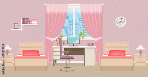 Bedroom for girls. Room interior with two beds, table and window. Kid nursery with furniture in pink colors. Vector illustration.