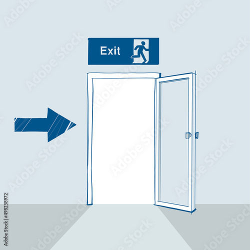 Symbol exit. Open door. Evacuation sing. Vector illustration sketch design. Isolated on white background. Landing page emergency exit. Cartoon style.