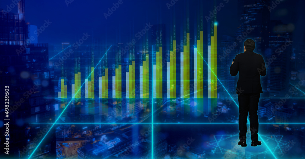 Back view of businessman wearing formal suit standing on smart city watches financial graph diagram. Concept of Business investment technology. Double exposure. Back view of businessman wearing formal suit standing on smart city watches financial graph diagram. Concept of Business investment technology. Double exposure.
