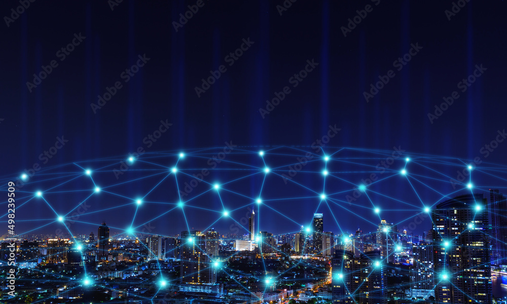 Smart city network communication connection concept - Aerial view of cityscape.