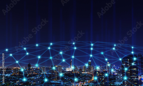 Smart city network communication connection concept - Aerial view of cityscape. © bigy9950