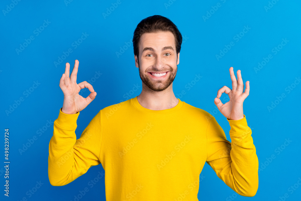 Portrait of attractive cheerful brunet guy showing two ok-sign approve ad agree isolated over bright blue color background Portrait of attractive cheerful brunet guy showing two ok-sign approve ad agree isolated over bright blue color background