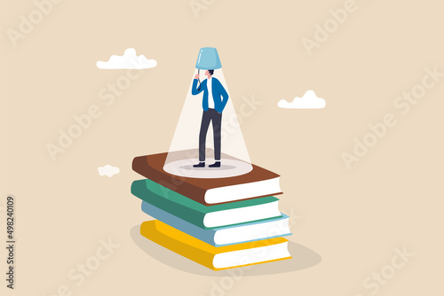 Knowledge is power, education or wisdom help solving problem, creativity, intelligence and innovation to develop solution concept, educated man stand on books staking turn on light bulb on his head.
