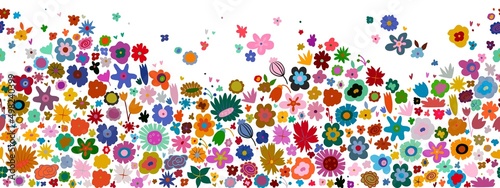 Seamless border with simple colorful flowers. Decorative garden florals in gouache style. Vector illustration
