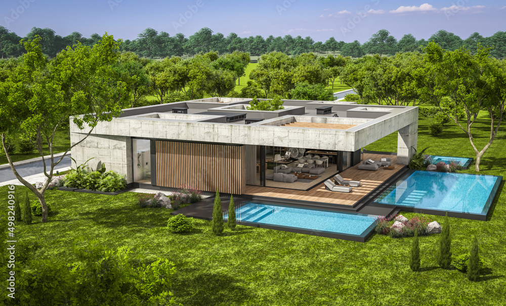 3d rendering of new concrete house in modern style with pool and parking for sale or rent and beautiful landscaping on background. The house has only one floor. Summer sunny day with clear blue sky. 3d rendering of new concrete house in modern style with pool and parking for sale or rent and beautiful landscaping on background. The house has only one floor. Summer sunny day with clear blue sky.
