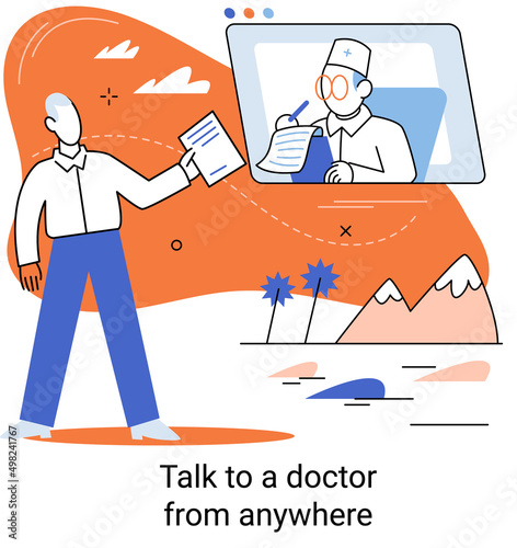 Online medical services mobile application consultation and prescription medicine professional doctor connecting and giving consultation for patient anywhere telemedicine metaphor, health care program