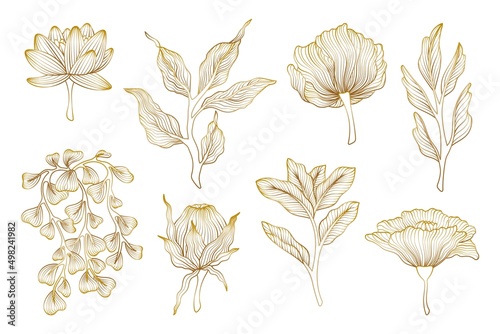 Gold line floral elements. Luxury golden leaf, outline lotus and branches. Unique nature design. Art vintage elegant asian botanical swanky vector set