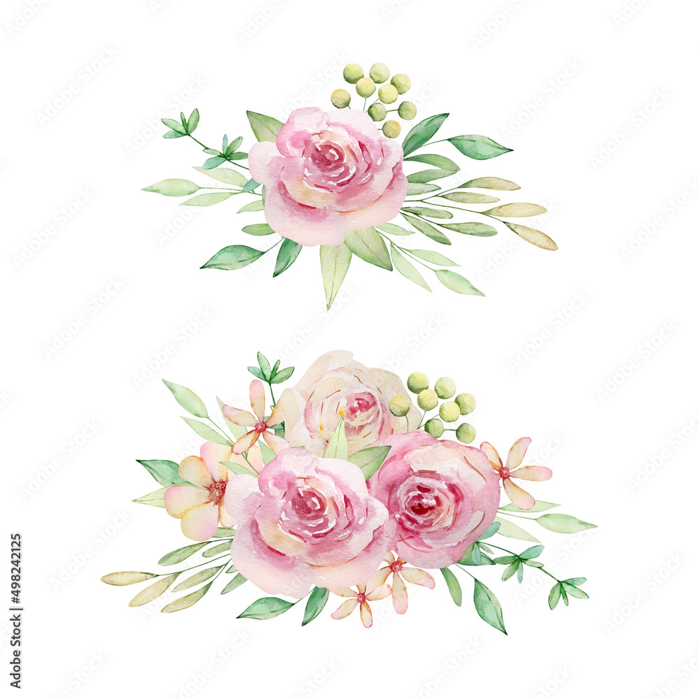 Watercolor floral set two bouquets of roses