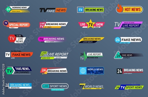 Breaking news bars. Videos text headers, broadcast design strip. Tv show, sport competition stream or channel name sign, exact vector collection