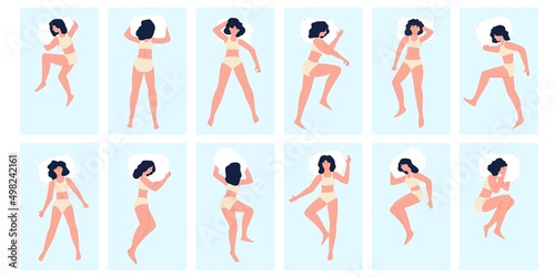 Sleep poses. Sleeps on back side with pillow, relaxing positions woman. Cute female dreaming in bed, night time. Bedroom relaxation recent vector set