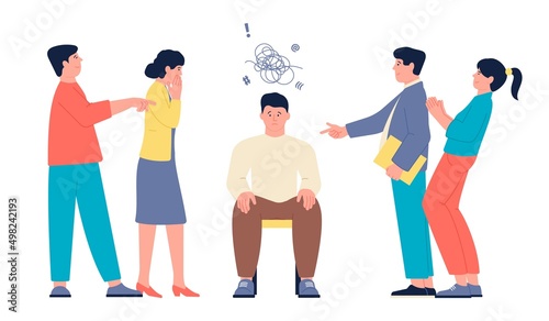 Bullying problem. Trolls, depressed insulted man and bullied people. Negative colleagues, social harassment and mockery, recent vector scene
