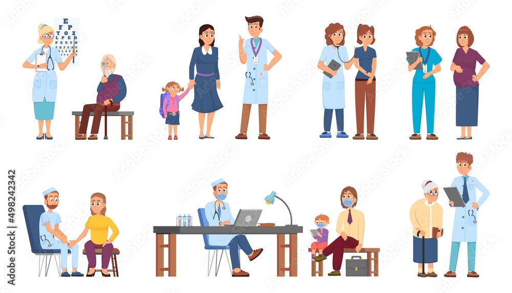 Patients with doctor. Patient examination, physician check up in hospital. People healthcare, medical pediatrician sitting at desk. Medicine decent vector set