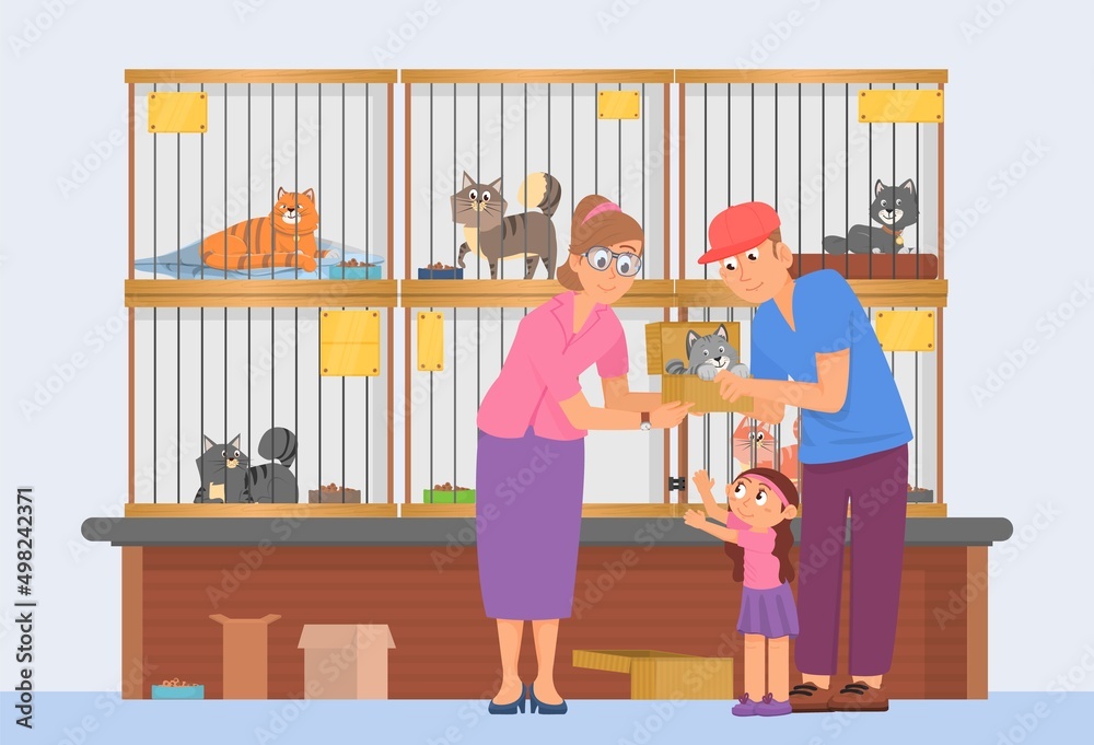 Animal shelter concept. Cats in cages and father with daughter choose one. Pets adoption center, woman volunteer hold box with kitten, decent vector scene Animal shelter concept. Cats in cages and father with daughter choose one. Pets adoption center, woman volunteer hold box with kitten, decent vector scene