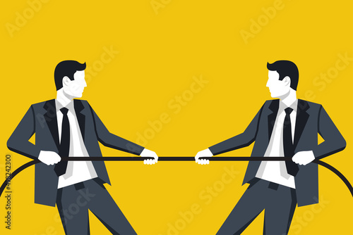Competition concept. Business people. Businessmen in suit pull the rope at edge of cliff, symbol of rivalry, competition, conflict. Tug of war. Vector illustration, flat design. Corporate conflicts.