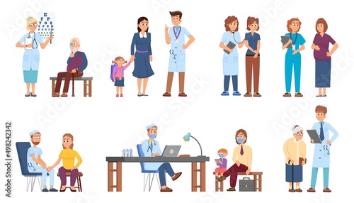 Patients with doctor. Patient examination  physician check up in hospital. People healthcare  medical pediatrician sitting at desk. Medicine decent vector set