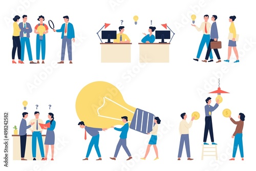 Business team think. Successful organisation and inspiring discussion with colleagues. Thinking office managers, creative idea vector scenes