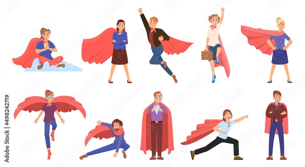 Business people superhero. Strong person, adult superheroes winning team. Woman and man in red capes, businessman wear office suit, decent vector set