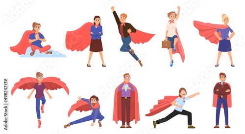 Business people superhero. Strong person, adult superheroes winning team. Woman and man in red capes, businessman wear office suit, decent vector set