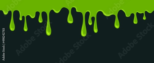 Slime dripping background. Green sticky texture, liquid blobs of poison. Snot flow seamless pattern, cartoon glue mucus exact vector decorative banner