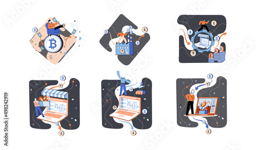 Cryptocurrency marketplace metaphor. Cryptocurrency investing platform. Bitcoin stock exchange online wallet and payments, digital money transactions. Crypto trading strategies. Exchange platform