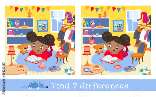 Find 7 differences. Game for children. Cute little girl read book in room. Hand drawn full color illustration. Vector flat cartoon picture.