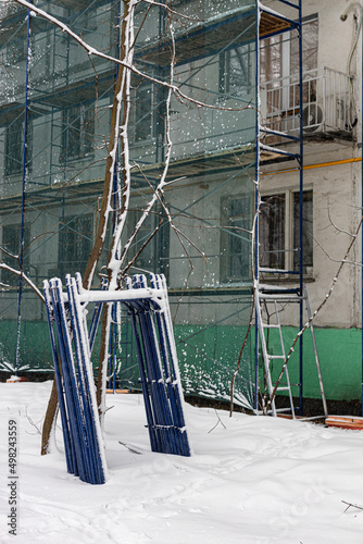 Moscow, Russia - April 04, 2022: metal parts of scaffolding