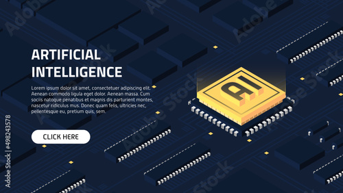 Artificial intelligence isometric illustration. Chip on mainboard. AI Background yellow.