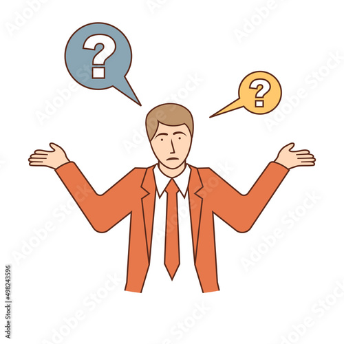 Businessman with of question marks over your head. Human in front of whom the big problems and solution issues. Vector illustration flat line design. Isolated on white background.