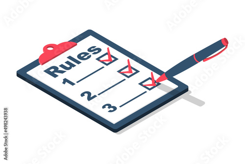 Rules concept. Clipboard with regulations. Checklist with requirements. Rule list on blank. Vector illustration isometric design. Isolated on white background.