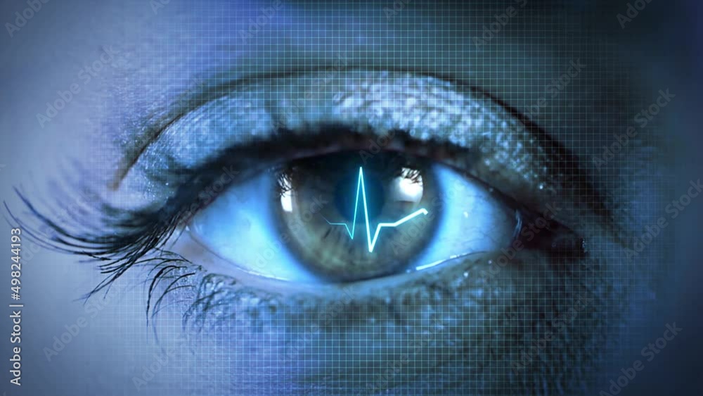 4K HUD Eye futuristic vision system Concept of control and security in the accesses technology and science. Blood pressure heart rate high tech screen. Health data. Diagnosis of diseases. medical