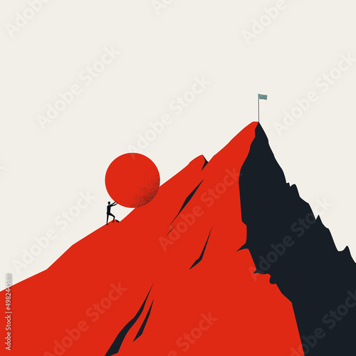 Business hard work towards goal, vector concept. Achieving target, objective, overcome challenge. Minimal illustration.