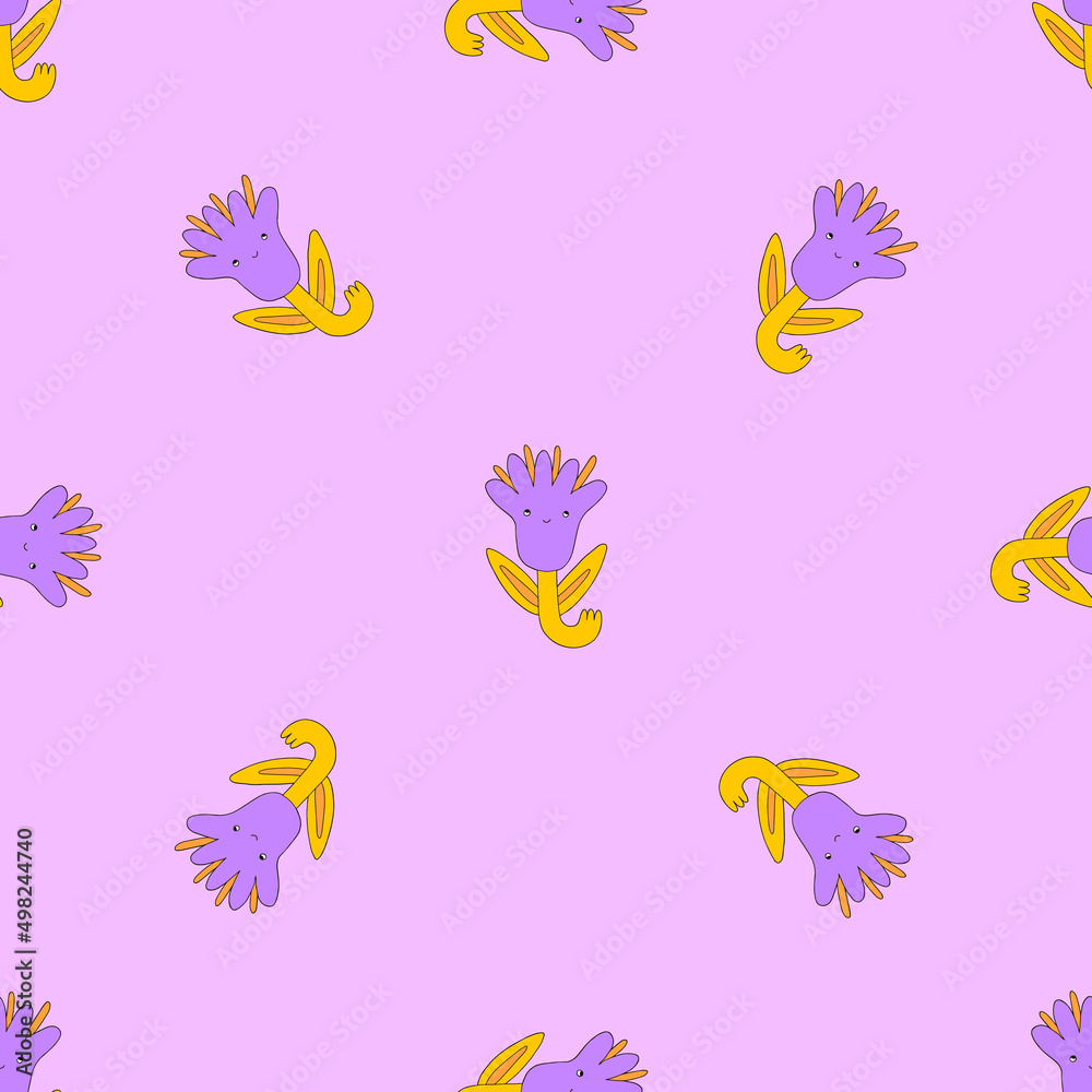 Seamless vector pattern with flowers. Vibrant flowers with faces in the style of psychedelic art. Ornament in the style of hippie 70s and 80s. Funny botanical print Seamless vector pattern with flowers. Vibrant flowers with faces in the style of psychedelic art. Ornament in the style of hippie 70s and 80s. Funny botanical print