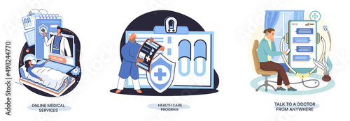 Mobile medicine mhealth online doctor, online medical services, health care program, talk to doctor from anywhere. Smartphone with medical application. Digital health and medical consultation metaphor