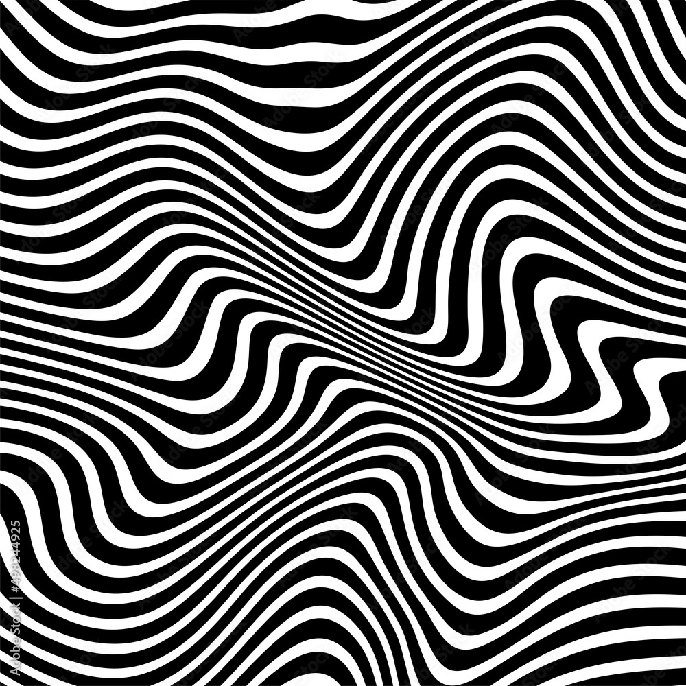 Abstract pattern of wavy stripes or rippled 3D relief black and white lines background. Vector twisted curved stripe modern trendy Abstract pattern of wavy stripes or rippled 3D relief black and white lines background. Vector twisted curved stripe modern trendy
