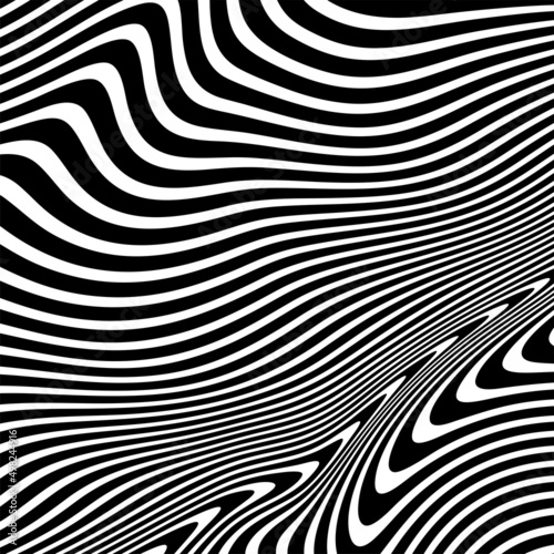 Abstract pattern of wavy stripes or rippled 3D relief black and white lines background. Vector twisted curved stripe modern trendy © vandana