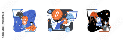 Cryptocurrency bitcoin mining metaphor Blockchain exchange platform. Cyber banking procedures, bitcoin trading, wallet. Ecurrency transactions. Digital currency, cryptocurrency market, hidden mining