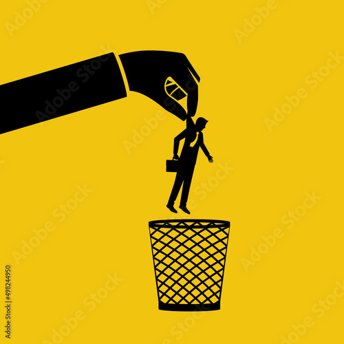 Unnecessary employee. Reduction staff. Dismissal of employees. Crisis in the company. The boss throws an employee to the trash can. Vector illustration flat design. Isolated on white background.
