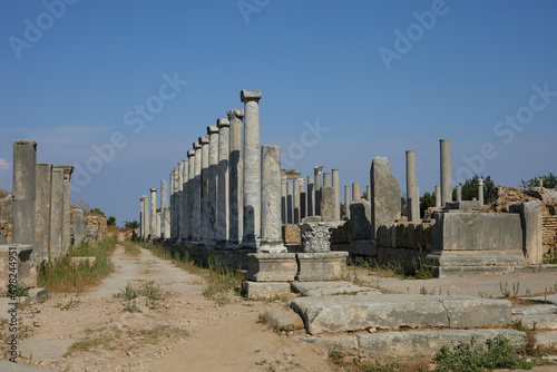 Roman ancient ruins Perge over a blue sky in Turkey, Antalya.