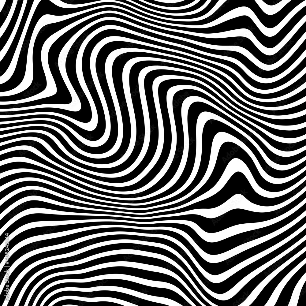 Diagonal curved wavy lines pattern. Vector seamless texture with black and white waves, stripes. Dynamical 3D effect, illusion of movement. Modern abstract monochrome background. Stylish repeat design