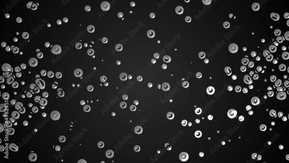 Abstract black background with dots. Design shimmer oil droplets. Texture liquid metal, iron. Plexus silver circle, spheres. Collision particles. Poster medicine, technology, science, business.