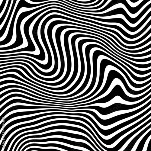 Diagonal curved wavy lines pattern. Vector seamless texture with black and white waves, stripes. Dynamical 3D effect, illusion of movement. Modern abstract monochrome background. Stylish repeat design