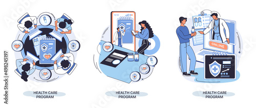 Health care program metaphor, online medical services, protection medicine. Medical insurance, hospital services, preventive check up, sick leave certificate treatment diagnosis patients, telemedicine