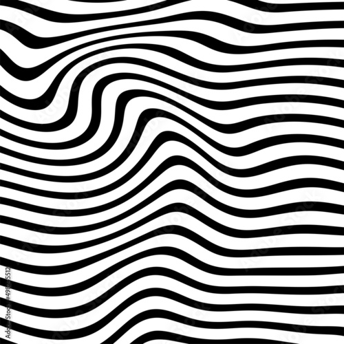 Abstract pattern of wavy stripes or rippled 3D relief black and white lines background. Vector twisted curved stripe modern trendy.3D visual effect, illusion of movement, curvature. Pop art design. 