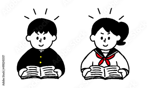インプット暗記する読書する学生服姿の男女