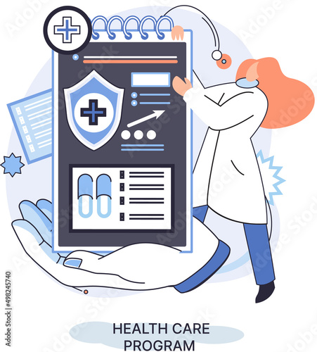 Health care program metaphor, online medical services, protection medicine. Medical insurance, hospital services, preventive check up, sick leave certificate treatment diagnosis patients, telemedicine
