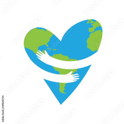I love the planet earth, a heart with a big hug and a map of the earth, a symbol of the day of the planet
