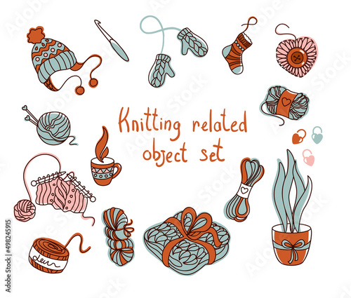 Knitting related object set. knitting hobby. Yarn knitting needles, vector illustration.